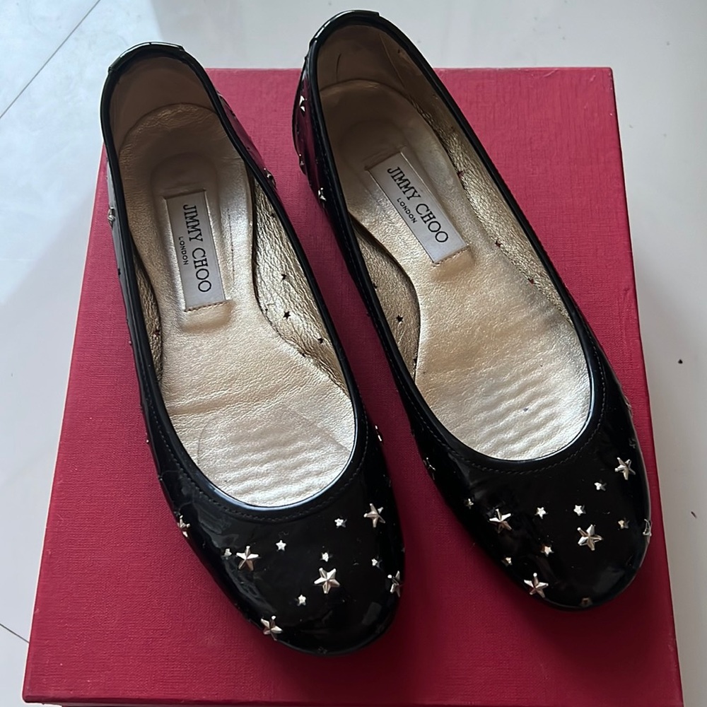 Jimmy Choo Star Studded Black Patent Ballet Flats